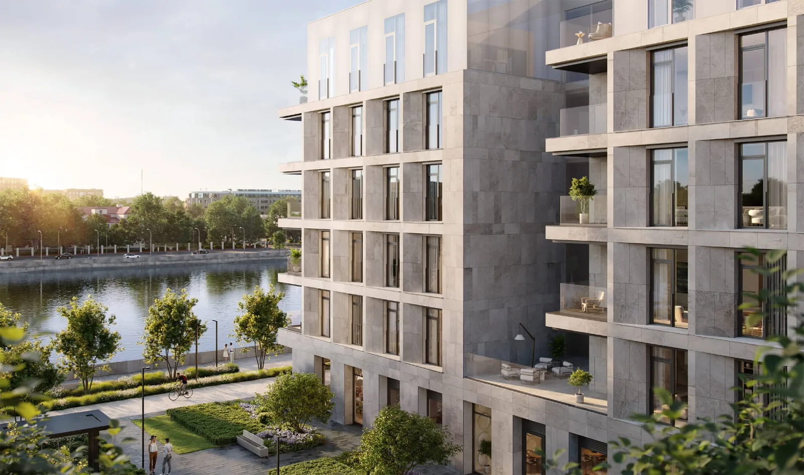 Каменно-стеклянный фасад «Foriver Residence» — угловая деталь с лоджиями и террасами