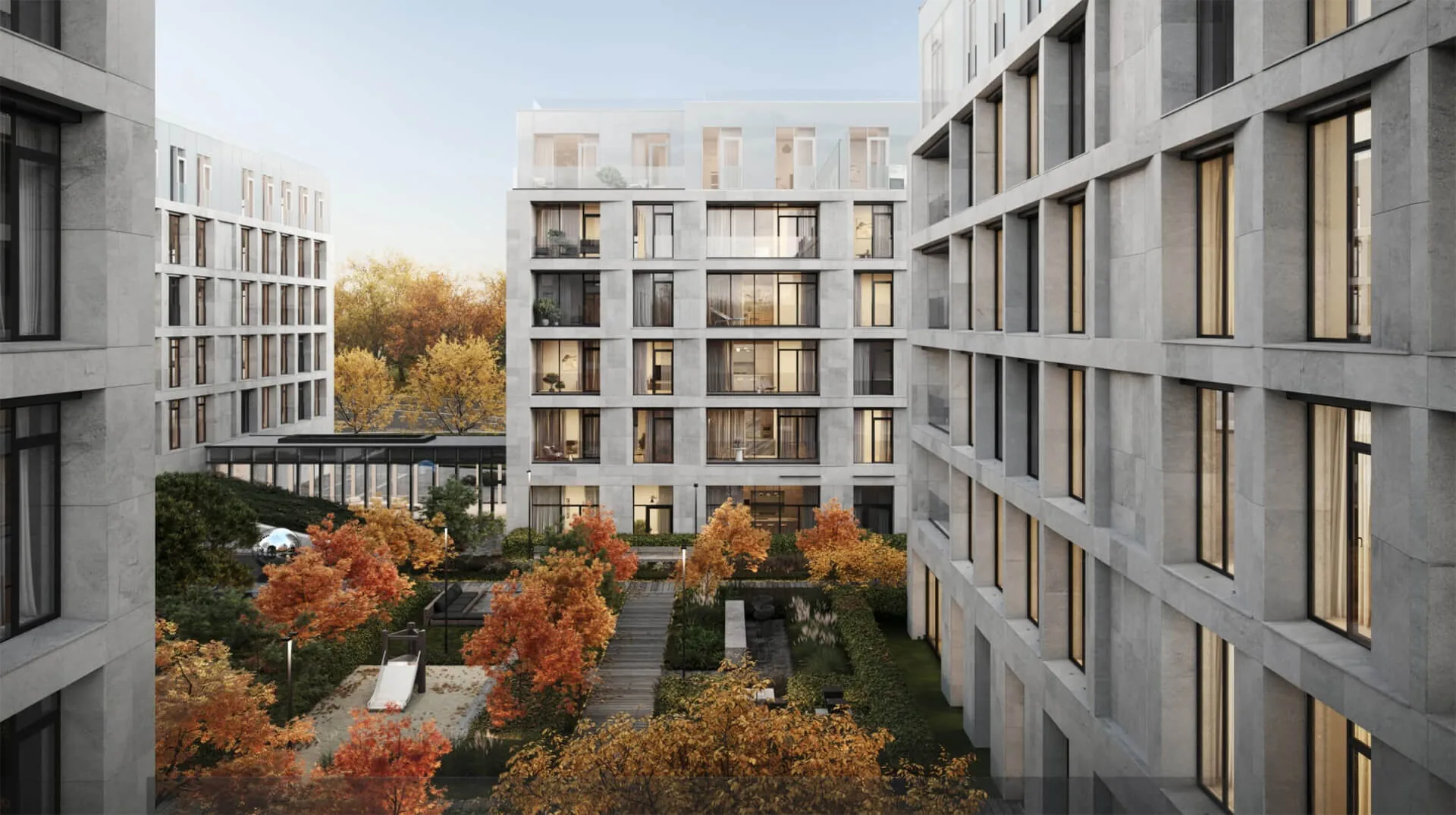 Закрытый двор-английский сад с осенним озеленением в квартале «Foriver Residence»